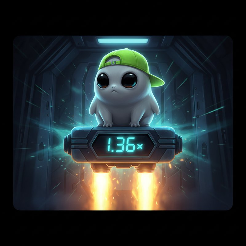 Jumper slot juego - personaje alienígena con gorra verde sobre plataforma flotante con propulsores de cohete, mostrando multiplicador 1.36x en pantalla de neón cyan en ambiente espacial industrial